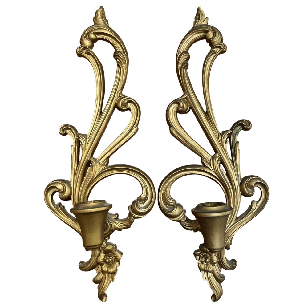 Vintage Syroco Wood Gold Wall Sconces Hollywood Regency Scroll Pair E259 USA